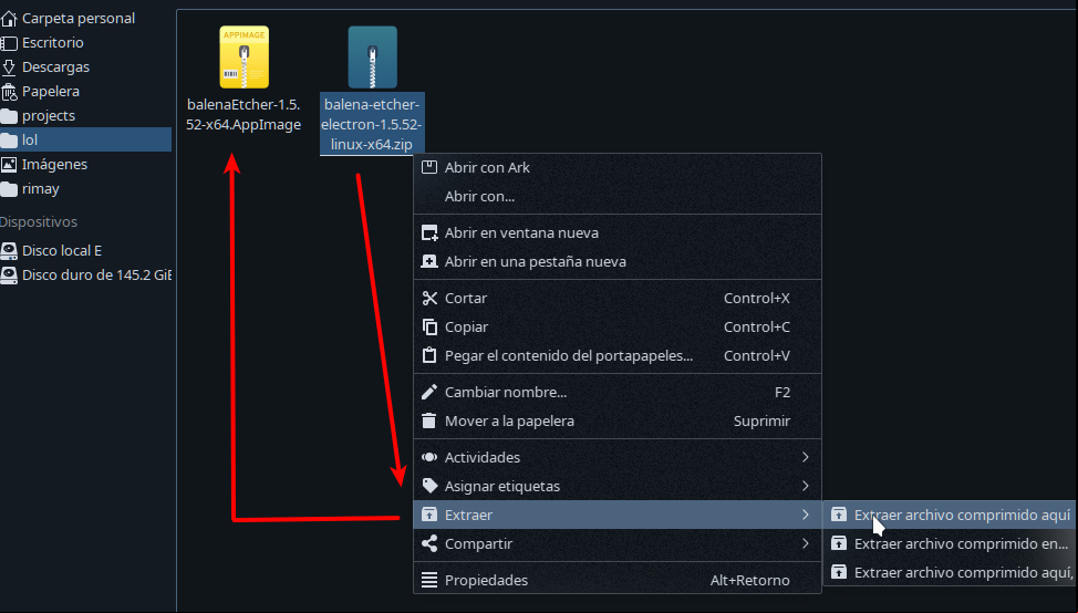 Descomprimir Etcher para grabar ISO a USB